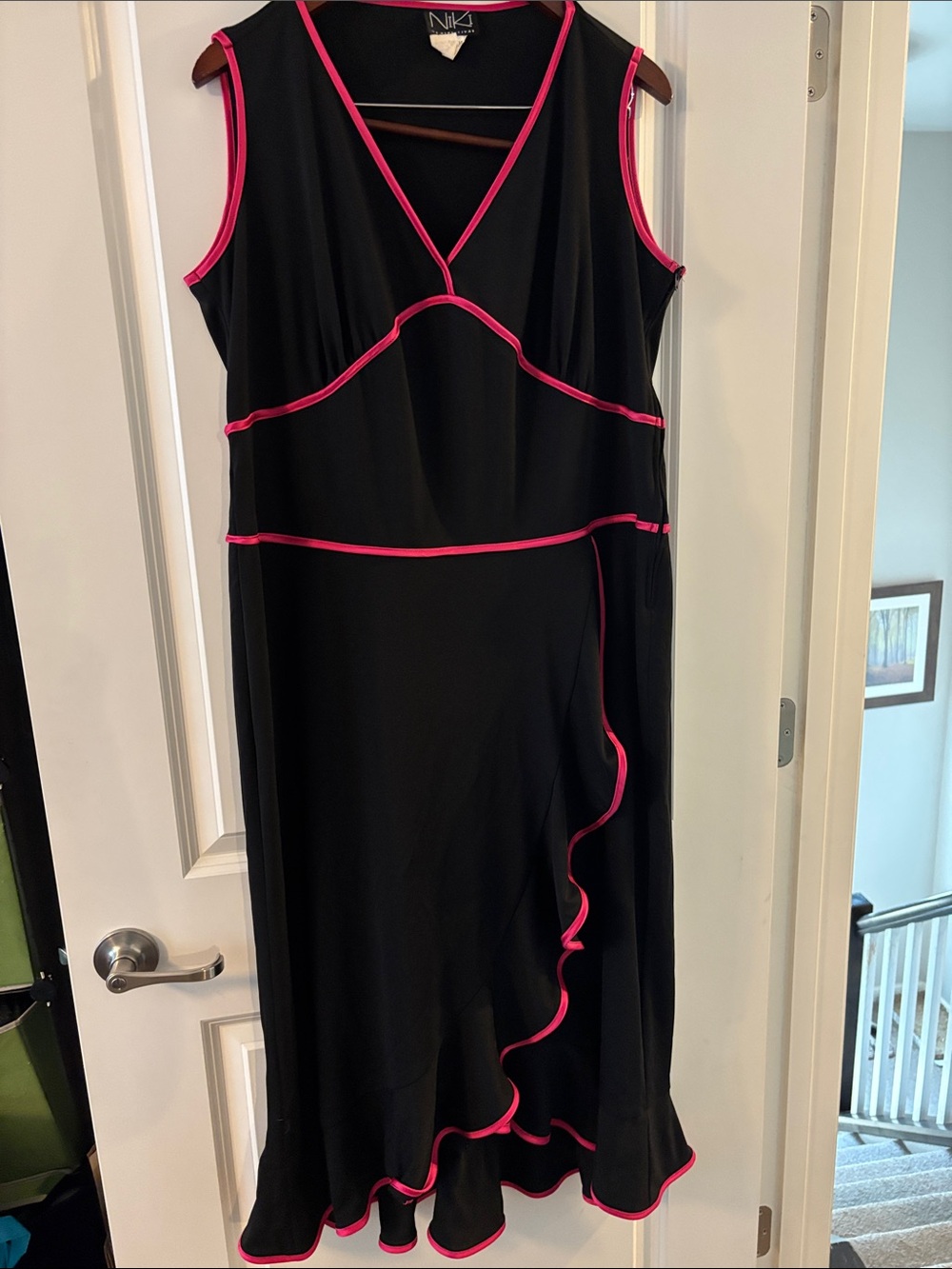 Niki Lavis Black Midi Dress with Hot Pink Piping